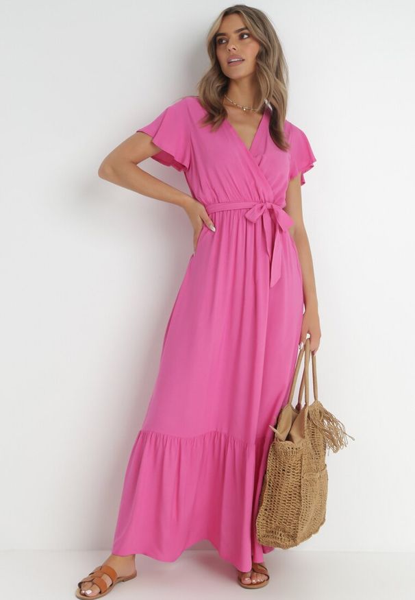 Born2be - Fuksjowa Sukienka Diomeira. Kolor: różowy. Materiał: tkanina. Wzór: jednolity, gładki. Typ sukienki: kopertowe. Styl: klasyczny, elegancki. Długość: maxi