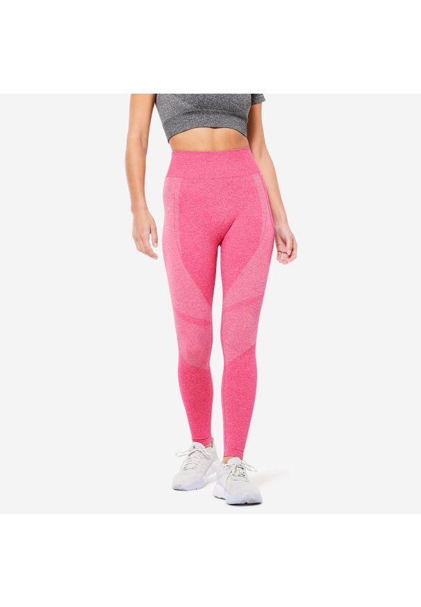 DOMYOS - Legginsy fitness damskie Domyos 900. Stan: podwyższony. Kolor: różowy. Materiał: materiał, poliamid, poliester, elastan. Sport: fitness