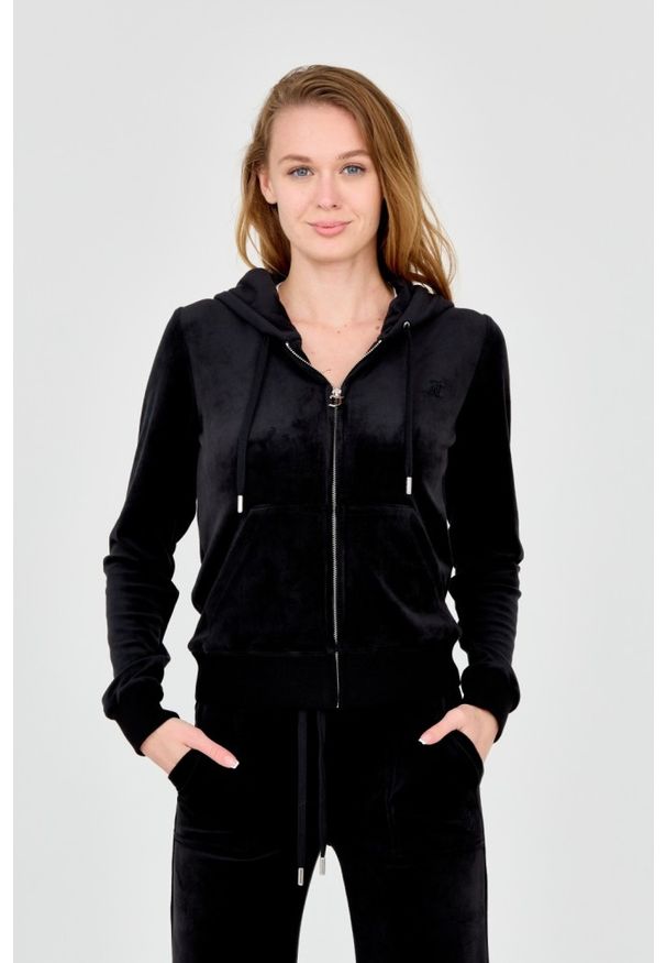 Juicy Couture - JUICY COUTURE Czarna rozpinana bluza damska. Typ kołnierza: kaptur. Kolor: czarny. Materiał: poliester