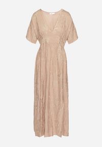 Born2be - Beżowa Wiskozowa Sukienka z Metaliczną Nicią i Haftem Nelvesia. Okazja: na co dzień. Kolor: beżowy. Materiał: wiskoza. Wzór: haft. Sezon: wiosna. Styl: klasyczny, casual, elegancki #5