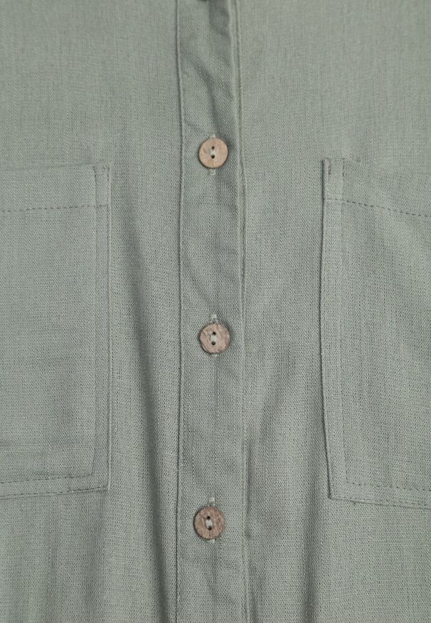 Renee - Zielona Koszula z Lnem Bawełną i Szerokimi Rękawami Moontwist. Okazja: na co dzień. Kolor: zielony. Materiał: bawełna, len. Styl: casual