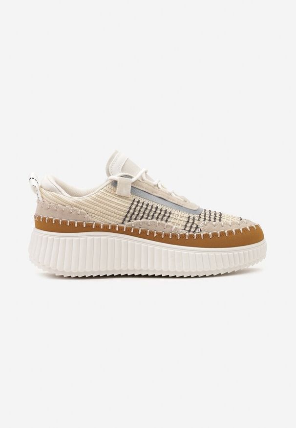 Born2be - Beżowe Sznurowane Sneakersy na Tłoczonej Platformie Orasa. Nosek buta: okrągły. Zapięcie: sznurówki. Kolor: beżowy. Materiał: materiał. Obcas: na platformie. Wysokość obcasa: niski