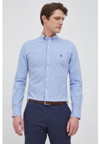 Polo Ralph Lauren koszula męska slim z kołnierzykiem button-down. Typ kołnierza: polo, button down. Kolor: niebieski. Materiał: materiał, tkanina. Długość rękawa: długi rękaw. Długość: długie