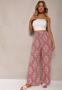 Renee - Ciemnoróżowe Boho Spodnie z Wiskozy High Waist z Szerokimi Nogawkami i Gumką w Pasie Walnena. Stan: podwyższony. Kolor: różowy. Materiał: wiskoza. Styl: boho