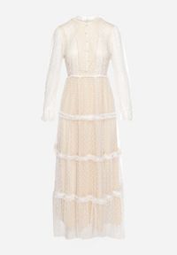 Born2be - Biała Rozkloszowana Sukienka Maxi z Przezroczystszego Tiulu Ozdobiona Koronką Lanessa. Kolor: biały. Materiał: tiul, koronka. Wzór: aplikacja, koronka. Długość: maxi #3