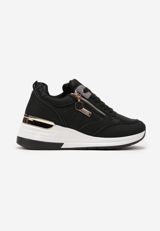 Born2be - Czarne Brokatowe Sneakersy na Koturnie z Metaliczną Wstawką i Suwakiem Pianese. Okazja: na co dzień. Wysokość cholewki: przed kostkę. Kolor: czarny. Szerokość cholewki: normalna. Wzór: aplikacja. Obcas: na koturnie