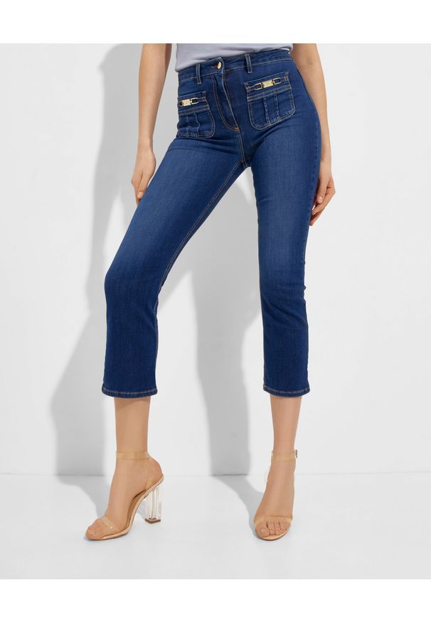 Elisabetta Franchi - ELISABETTA FRANCHI - Granatowe spodnie jeansowe. Kolor: niebieski. Wzór: aplikacja