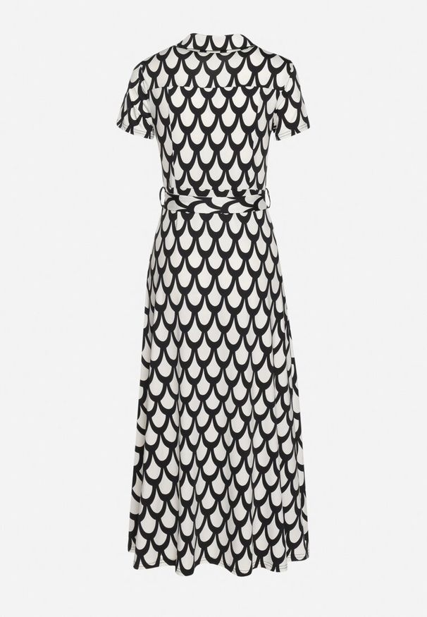 Born2be - Czarno-Biała Koszulowa Sukienka z Kołnierzem i Materiałowym Paskiem w Talii Vranea. Okazja: na co dzień. Typ kołnierza: dekolt w kształcie V. Kolor: czarny. Materiał: materiał. Typ sukienki: koszulowe. Styl: casual, elegancki, sportowy