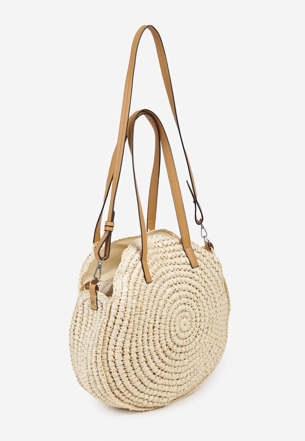Born2be - Jasnobeżowa Okrągła Torebka Typu Shopper z Plecionki z Dodatkowym Paskiem Enirta. Kolor: beżowy. Sezon: lato. Styl: elegancki, casual