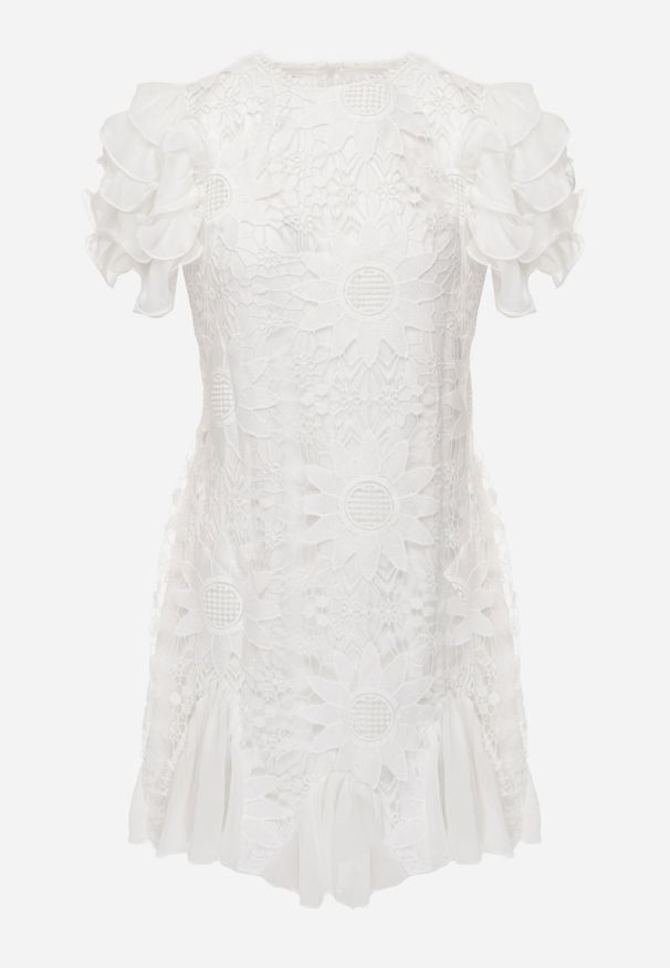 Renee - Biała Sukienka Dopasowana Mini z Koronką i Falbankami Offiamea. Okazja: na co dzień, na imprezę. Typ kołnierza: kołnierz z falbankami. Kolor: biały. Wzór: koronka. Typ sukienki: proste. Materiał: koronka. Długość rękawa: krótki rękaw. Styl: elegancki, casual. Długość: mini