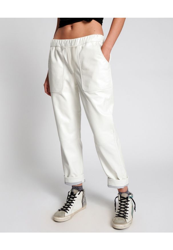 ONETEASPOON - Białe skórzane spodnie Shabbies. Kolor: biały. Materiał: skóra. Wzór: aplikacja