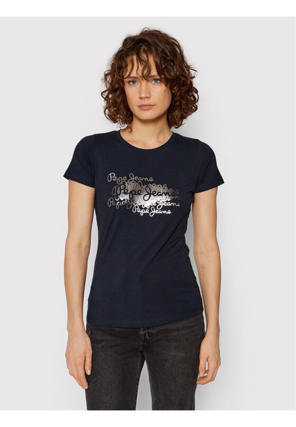 Pepe Jeans T-Shirt Anna PL505121 Granatowy Regular Fit. Kolor: niebieski. Materiał: bawełna