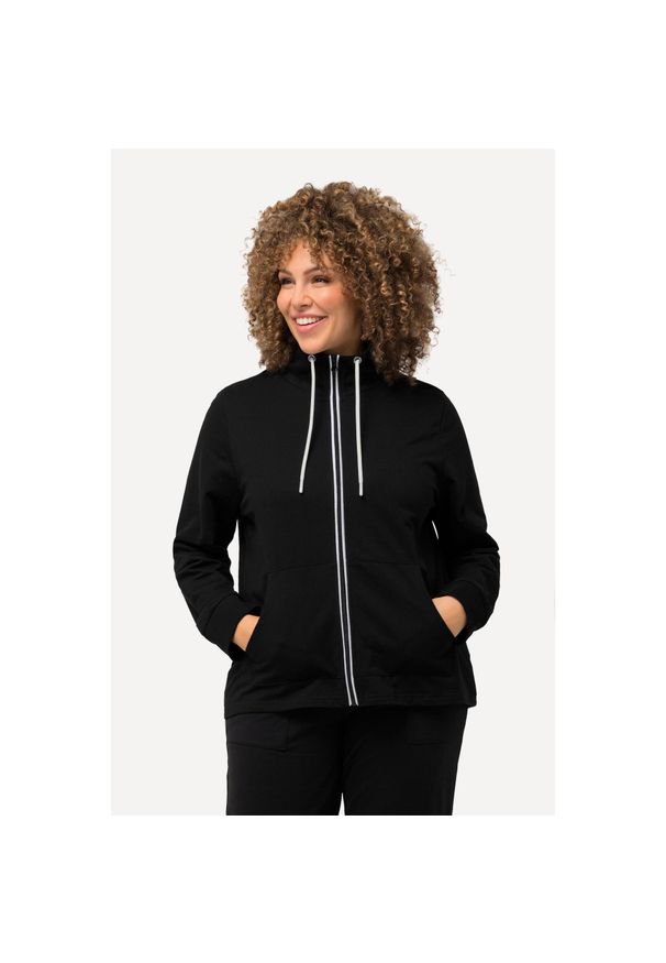 ULLA POPKEN - Damskie Bluza rozpinana stójka kieszeń kangurka dłuższy tył. Typ kołnierza: kołnierzyk stójkowy. Kolekcja: plus size. Kolor: czarny. Materiał: poliester, materiał, bawełna. Długość: długie