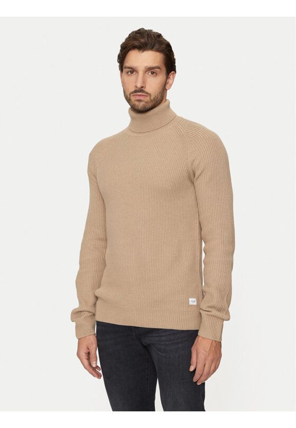 Jack & Jones Golf Pannel 12258472 Beżowy Regular Fit. Typ kołnierza: golf. Kolor: beżowy. Materiał: bawełna, syntetyk