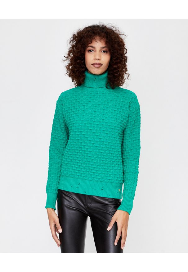 Pinko - PINKO - Zielony sweter z logo Nuvolosita. Typ kołnierza: golf. Kolor: zielony. Materiał: jeans, dzianina. Długość: długie. Wzór: kwiaty, ze splotem. Sezon: zima, jesień