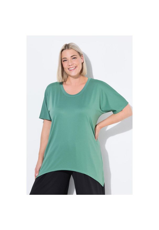 ULLA POPKEN - Damskie Koszula funkcjonalna wydłużone boki okrągły dekolt. Kolekcja: plus size. Kolor: zielony. Materiał: poliester, materiał, elastan. Sport: turystyka piesza