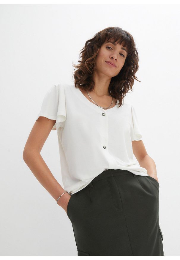 bonprix - Koszulka z plisą guzikową. Kolor: biały. Styl: elegancki