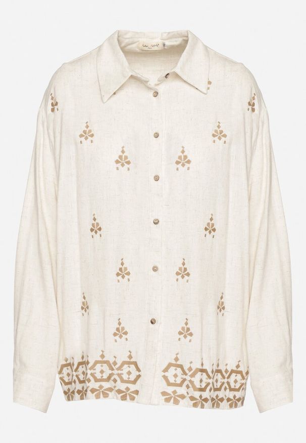 Born2be - Biało-Beżowa Koszula z Lnu i Wiskozy Ozdobiona Haftem w Stylu Etno Alarisa. Okazja: na co dzień. Typ kołnierza: kołnierzyk klasyczny, dekolt w kształcie V. Kolor: biały. Materiał: len, wiskoza. Długość rękawa: długi rękaw. Długość: długie. Wzór: haft, aplikacja. Styl: etno