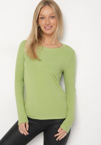 Born2be - Zielona Bluzka Typu Longsleeve z Okrągłym Dekoltem Unelessa. Kolor: zielony. Materiał: jeans. Długość rękawa: długi rękaw. Styl: elegancki, klasyczny #7