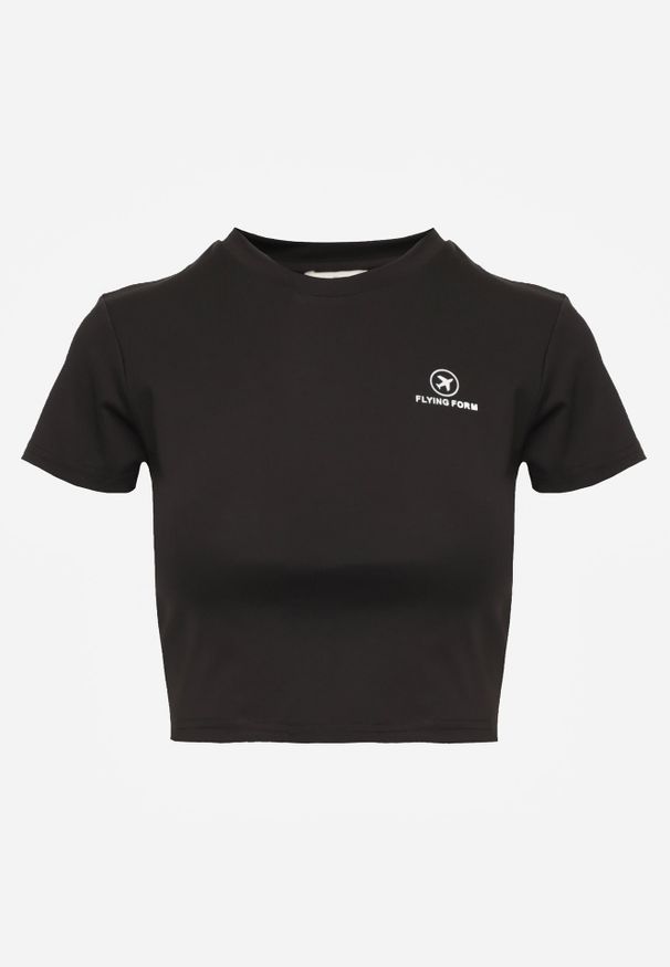 Renee - Czarny Basicowy T-shirt w Stylu Cropped z Subtelnym Nadrukiem Loraera. Okazja: na co dzień. Kolor: czarny. Materiał: jeans. Długość: krótkie. Wzór: nadruk. Styl: elegancki, casual, sportowy