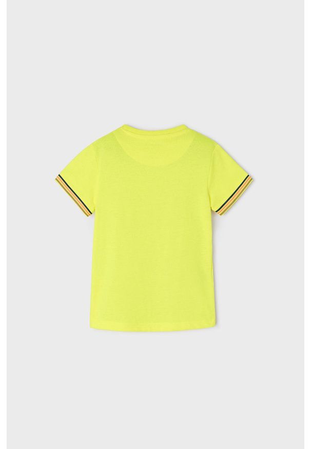Mayoral T-shirt bawełniany dziecięcy kolor żółty z nadrukiem. Okazja: na co dzień. Kolor: żółty. Materiał: bawełna. Wzór: nadruk. Styl: casual