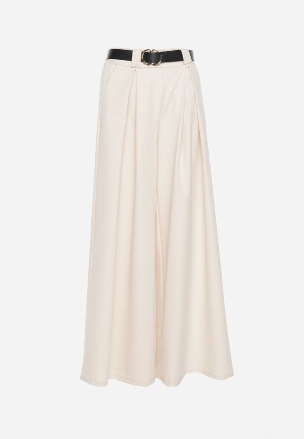 Born2be - Beżowe Szerokie Spodnie z Wysokim Stanem i Paskiem Serenda. Stan: podwyższony. Kolor: beżowy. Materiał: wiskoza