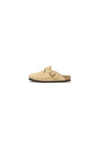 Klapki damskie Birkenstock boston vl. Zapięcie: bez zapięcia. Kolor: żółty. Materiał: zamsz, syntetyk, materiał. Sezon: lato. Sport: turystyka piesza