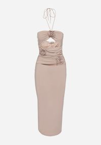 Renee - Ciemnobeżowa Sukienka Midi z Wiązaniem i Wycięciem Ozdobiona Kwiatami Zanephone. Kolor: beżowy. Materiał: wiskoza. Wzór: aplikacja, kwiaty. Styl: elegancki. Długość: midi #8