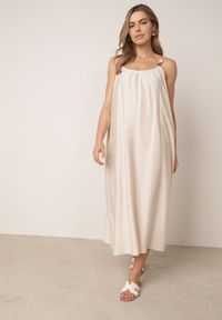 Born2be - Beżowa Pudełkowa Sukienka Boho z Wiskozy na Ramiączkach z Ozdobnymi Koralikami Erane. Okazja: na co dzień. Kolekcja: plus size. Kolor: beżowy. Materiał: wiskoza. Długość rękawa: na ramiączkach. Typ sukienki: proste, dla puszystych. Styl: boho #5