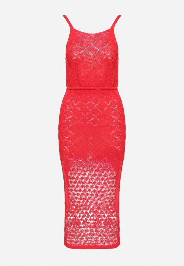 Born2be - Czerwony Siateczkowy Komplet z Dzianiny Top na Ramiączkach i Spódnica Tiareia. Kolor: czerwony. Materiał: dzianina