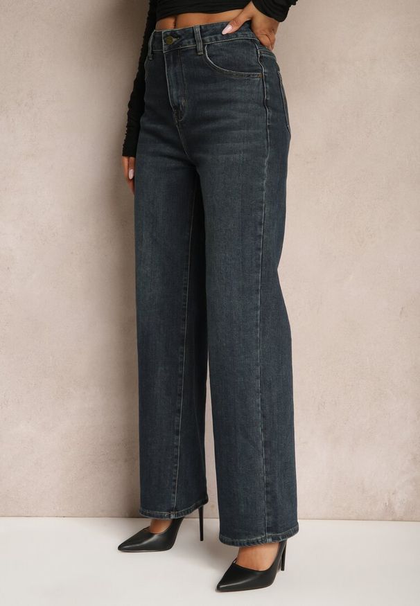 Renee - Granatowe Jeansy o Szerokim Kroju z Bawełną High Waist Vitira. Okazja: na co dzień. Stan: podwyższony. Kolor: niebieski. Styl: casual, elegancki