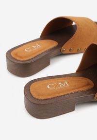 Born2be - Brązowe Klapki Ozdobione Nitami Jehlone. Okazja: na co dzień. Kolor: brązowy. Materiał: jeans. Wzór: aplikacja. Styl: casual, elegancki #6