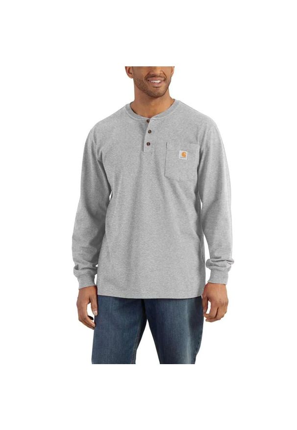 Koszulka bawełniana męska z długim rękawem Carhartt Pocket Henley L/S. Typ kołnierza: typu henley. Kolor: szary. Materiał: bawełna. Długość rękawa: długi rękaw. Długość: długie. Sport: turystyka piesza