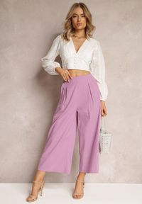 Renee - Fioletowe Szerokie Spodnie z Gumką w Pasie Vithan. Kolor: fioletowy. Materiał: tkanina, bawełna #3