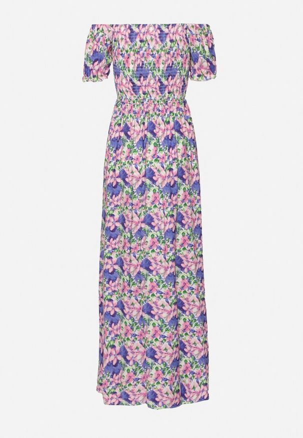 Born2be - Ciemnofioletowa Rozkloszowana Sukienka Typu Hiszpanka z Marszczoną Górą Jesteria. Typ kołnierza: dekolt hiszpanka. Kolor: fioletowy. Długość rękawa: krótki rękaw. Styl: elegancki, wakacyjny