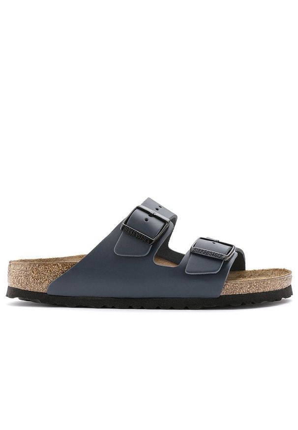 Klapki Birkenstock Arizona 51151 - granatowe. Okazja: na co dzień. Zapięcie: pasek. Kolor: niebieski. Materiał: welur, skóra. Szerokość cholewki: normalna. Wzór: paski. Sezon: lato