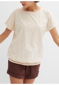 bonprix - Bawełniana koszulka z przędzy mieszankowej z marszczeniem w talii. Kolor: beżowy. Materiał: bawełna #2