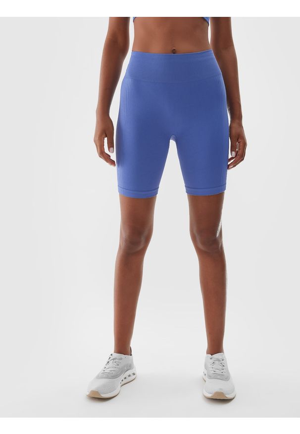 4f - 4F Legginsy kolarki treningowe damskie - granatowe M/L. Stan: podwyższony. Kolor: niebieski. Materiał: dzianina, włókno, syntetyk, materiał, elastan. Długość: krótkie. Wzór: jednolity. Sport: fitness