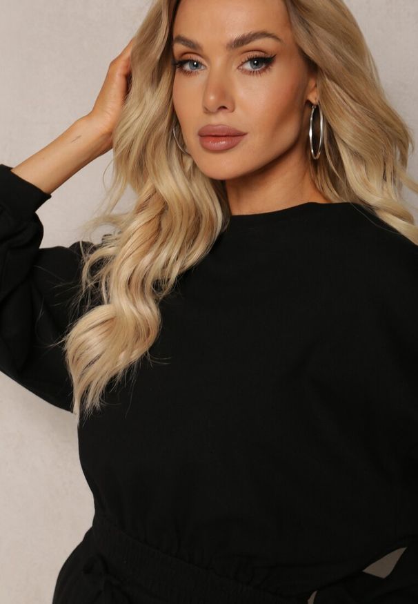 Renee - Czarny Bawełniany Komplet Bluza Krótka ze Ściągaczem i Szerokie Spodnie ze Sznurkiem w Pasie Rionnea. Kolor: czarny. Materiał: bawełna