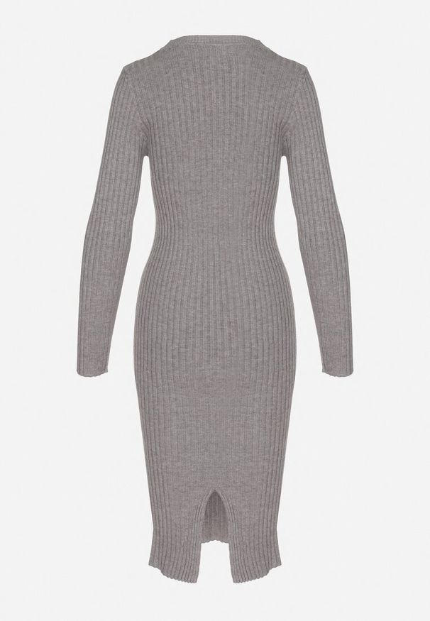 Born2be - Szara Sukienka Sweterkowa Dopasowana w Prążki z Wełną i Kaszmirem Daiantha. Kolor: szary. Materiał: wełna, kaszmir. Długość rękawa: długi rękaw. Wzór: prążki. Styl: klasyczny