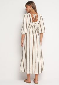 Born2be - Beżowa Taliowana Sukienka z Bawełny z Motywem Pasków Rivettes. Okazja: do pracy, na co dzień. Typ kołnierza: dekolt w kształcie V. Kolor: beżowy. Materiał: bawełna. Wzór: aplikacja. Typ sukienki: proste. Styl: klasyczny, casual, elegancki #7