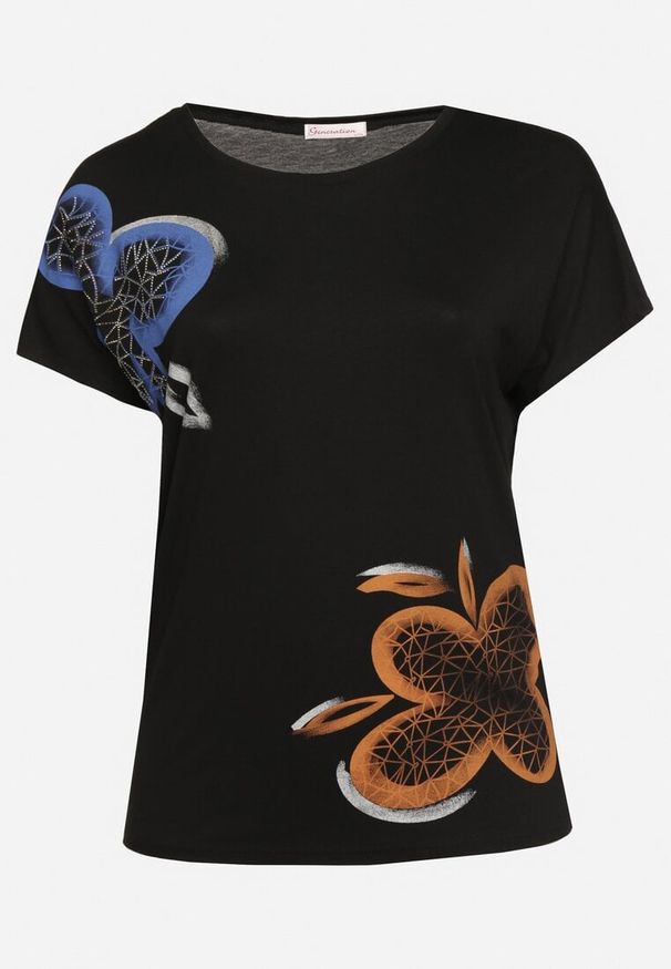 Born2be - Czarny Klasyczny T-shirt z Bawełny Ozdobiony Nadrukiem i Cyrkoniami Kristinae. Okazja: na co dzień. Kolor: czarny. Materiał: bawełna. Wzór: aplikacja, nadruk. Styl: klasyczny