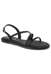 Czarne Sandały Tamaris Eleganckie Buty Damskie. Okazja: na co dzień. Zapięcie: pasek. Kolor: czarny. Materiał: jeans, skóra ekologiczna. Wzór: paski, aplikacja. Sezon: lato. Obcas: na płaskiej podeszwie. Styl: elegancki