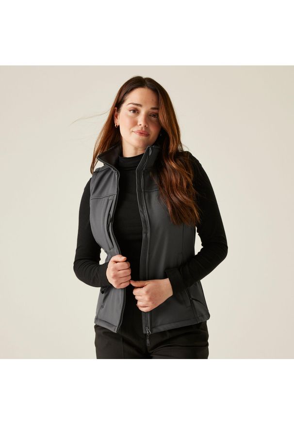 Regatta - Kamizelka robocza softshellowa damska Flux. Kolor: szary. Materiał: softshell. Długość rękawa: bez rękawów. Sport: turystyka piesza