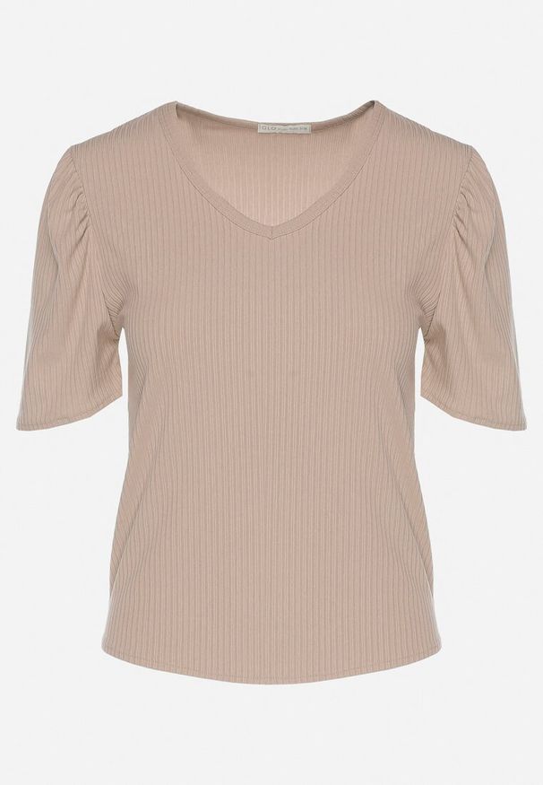 Born2be - Ciemnobeżowy Prążkowany T-shirt z Zakładkami przy Rękawach Kolanovia. Okazja: na co dzień. Kolor: beżowy. Materiał: prążkowany. Styl: casual