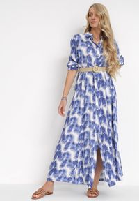 Born2be - Niebieska Rozkloszowana Sukienka Maxi z Plecionym Paskiem i Wsuwanymi Kieszeniami Suttyn. Kolor: niebieski. Długość rękawa: długi rękaw. Sezon: wiosna, lato. Długość: maxi #3