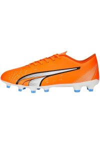 Buty piłkarskie Puma Ultra Play FG/AG M 107224 01 pomarańczowe pomarańcze i czerwienie. Zapięcie: sznurówki. Kolor: pomarańczowy. Materiał: syntetyk. Szerokość cholewki: normalna. Sport: piłka nożna