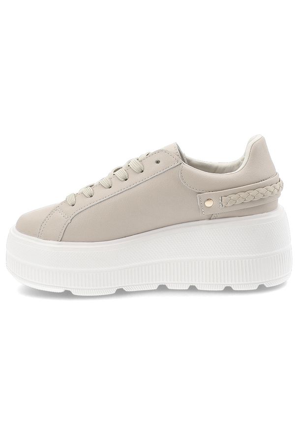 Sneakersy damskie S.Barski, ze skóry naturalnej licowej gruba podeszwa platforma sznurowane styl casual, beżowe, LR61-7095. Okazja: na co dzień. Zapięcie: sznurówki. Kolor: beżowy. Materiał: skóra. Szerokość cholewki: normalna. Obcas: na platformie