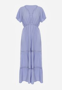 Born2be - Jasnoniebieska Sukienka Maxi z Gumką w Pasie i Koronkowymi Wstawkami Anandia. Kolor: niebieski. Materiał: koronka. Wzór: aplikacja. Długość: maxi #4