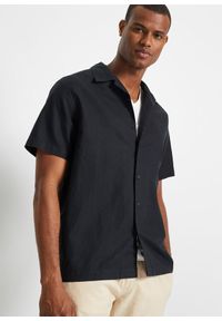 bonprix - Koszula z krótkim rękawem z przewiewnej mieszanki lnu, loose fit. Kolor: czarny. Materiał: len. Długość rękawa: krótki rękaw. Długość: krótkie #1